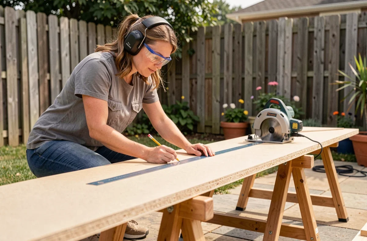 Femme traçant une ligne de coupe droite sur un panneau MDF posé sur des tréteaux avant d'utiliser une scie circulaire en extérieur