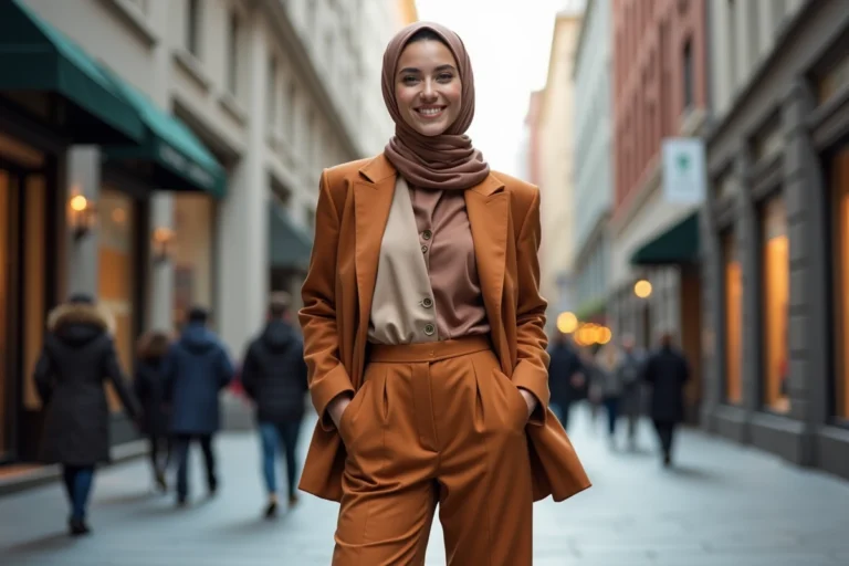 Femme élégante en blazer et foulard dans la ville