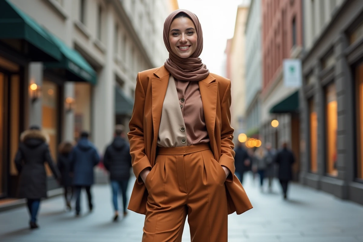 Femme élégante en blazer et foulard dans la ville