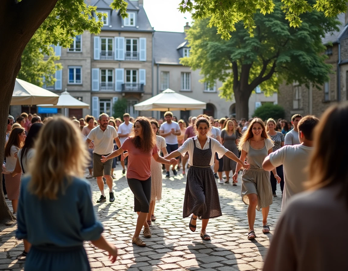 Danseurs participant à un fest-noz traditionnel breton sur une place pavée entourée de maisons en pierre