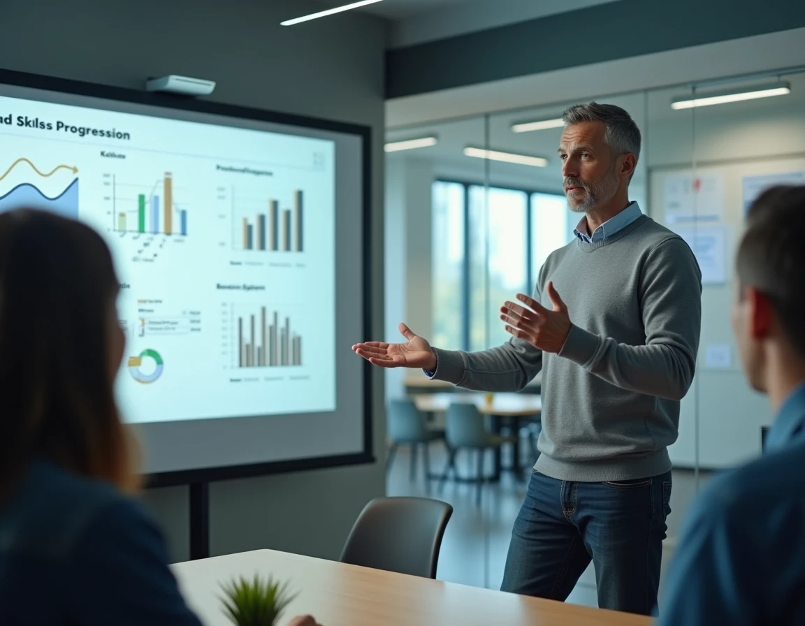 Formateur professionnel animant une session de formation innovante dans une salle de réunion d'entreprise moderne