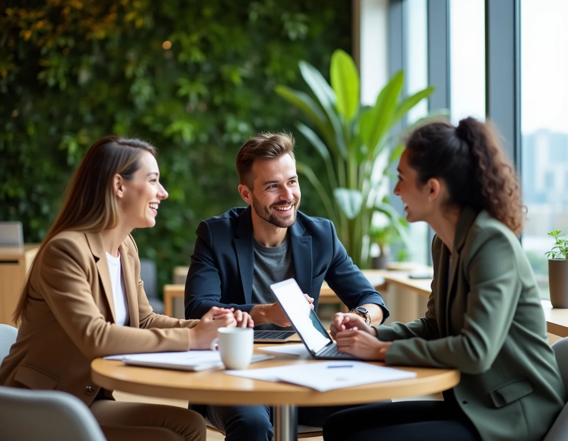 Groupe de jeunes professionnels discutant de leurs nouvelles certifications après une formation innovante en 2024