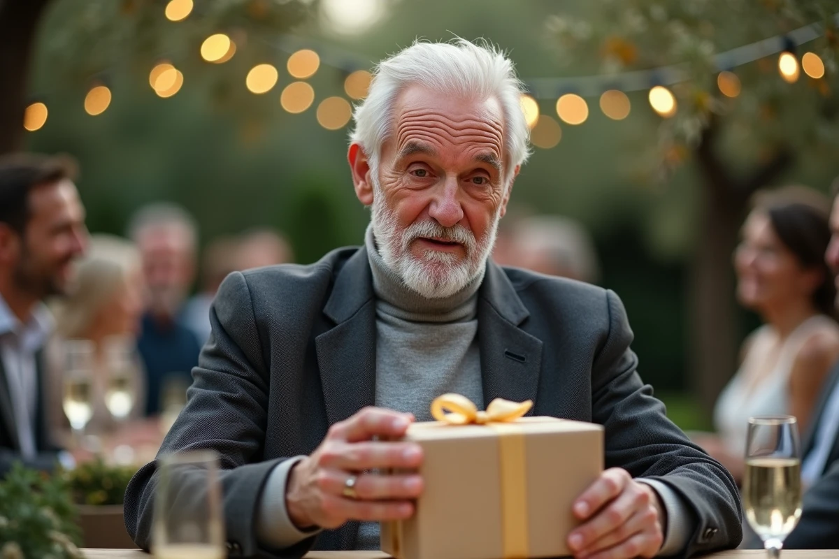 Homme de 70 ans ouvrant un cadeau lors d'une fête d'anniversaire en plein air dans un jardin décoré
