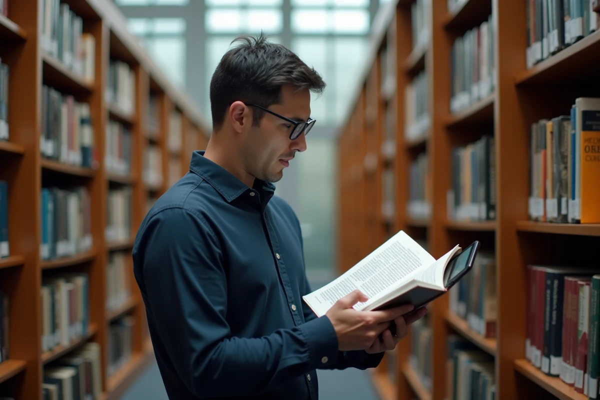 Homme consultant un annuaire dans une bibliothèque publique pour trouver une adresse postale