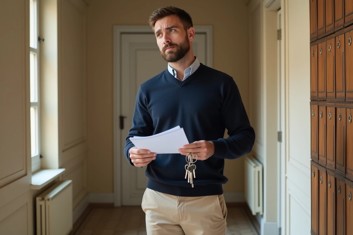 Homme tenant des clés et un contrat de bail dans le couloir d'un immeuble d'appartements parisien