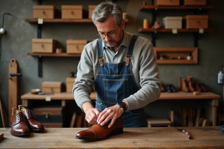 Homme polissant des chaussures en cuir dans un atelier chaleureux