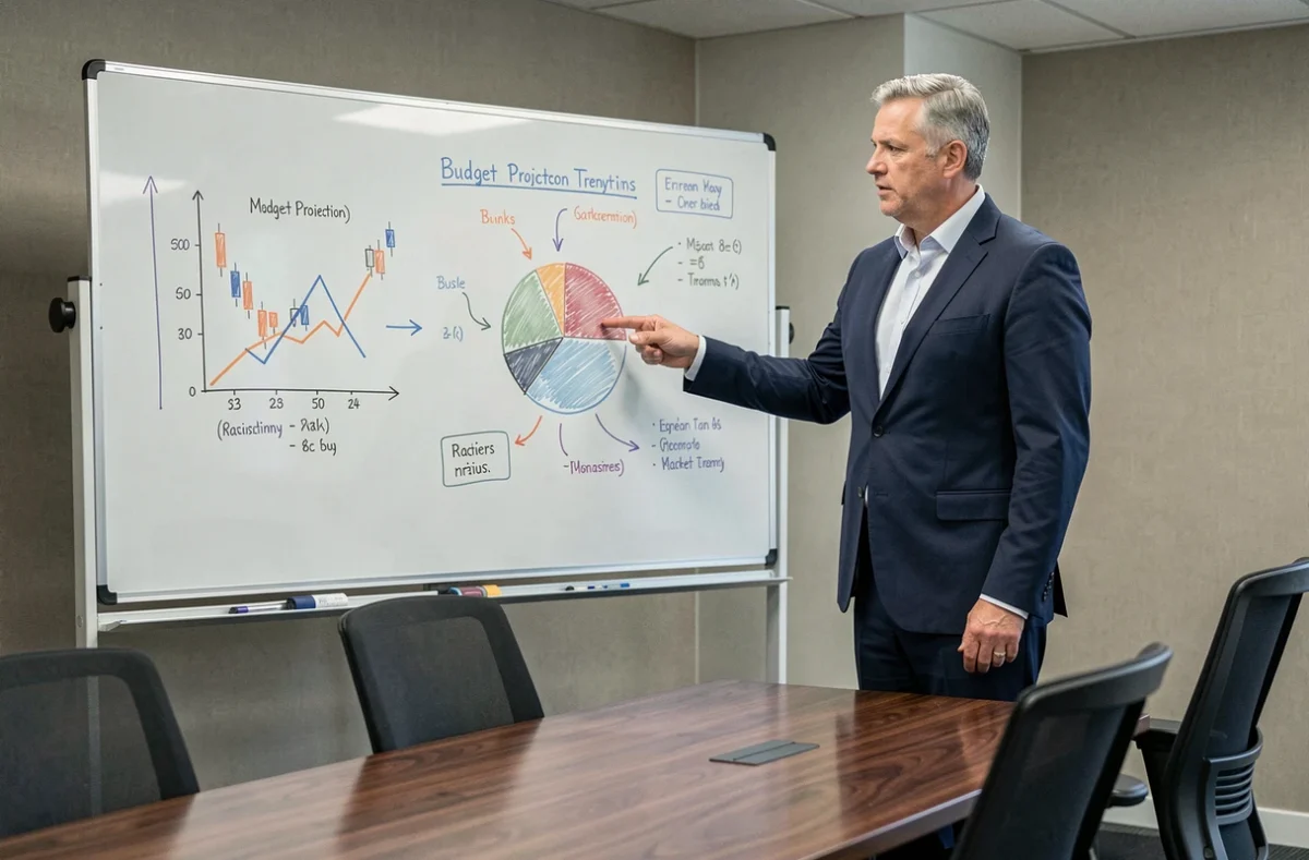 Homme en costume expliquant des concepts financiers devant un tableau blanc en salle de réunion