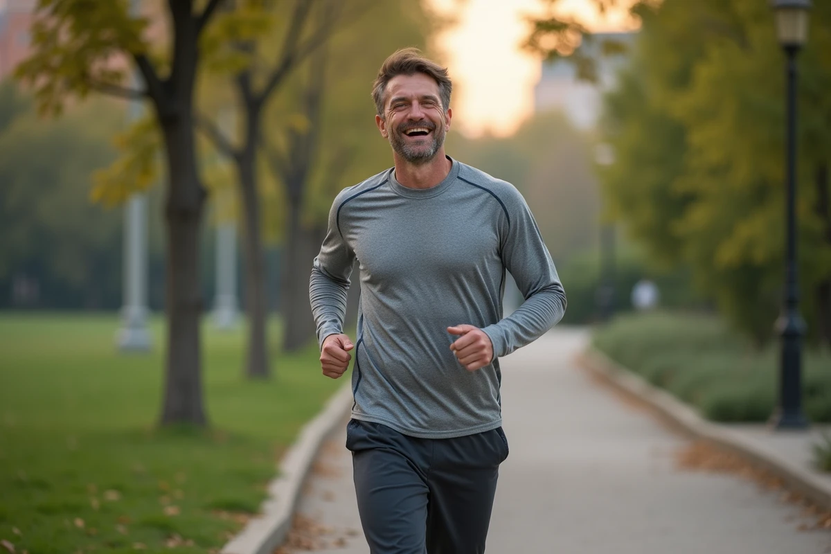 Homme en marche dans un parc urbain en matinée