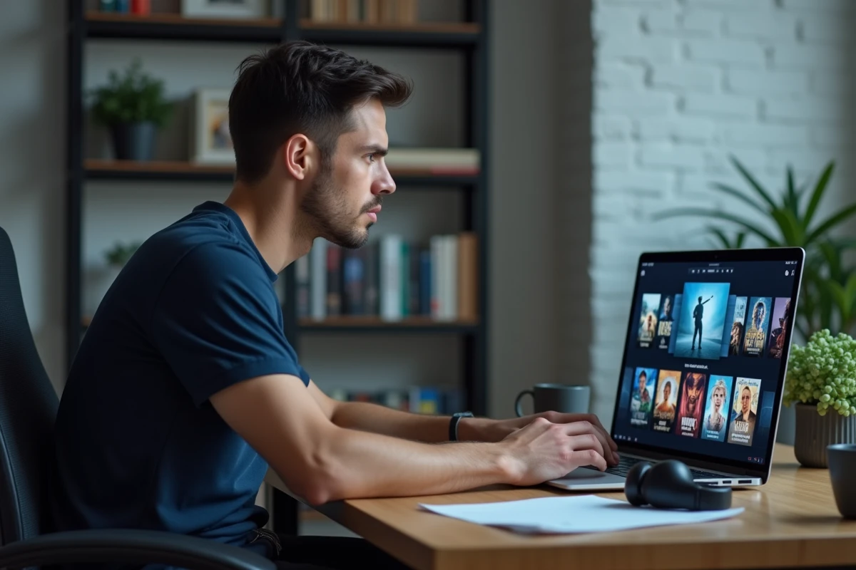 Homme consultant des alternatives de streaming de films et séries sur son ordinateur portable au bureau