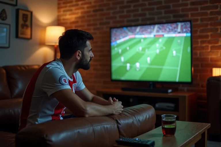 Homme regardant un match de football en streaming sur sa télévision depuis son salon