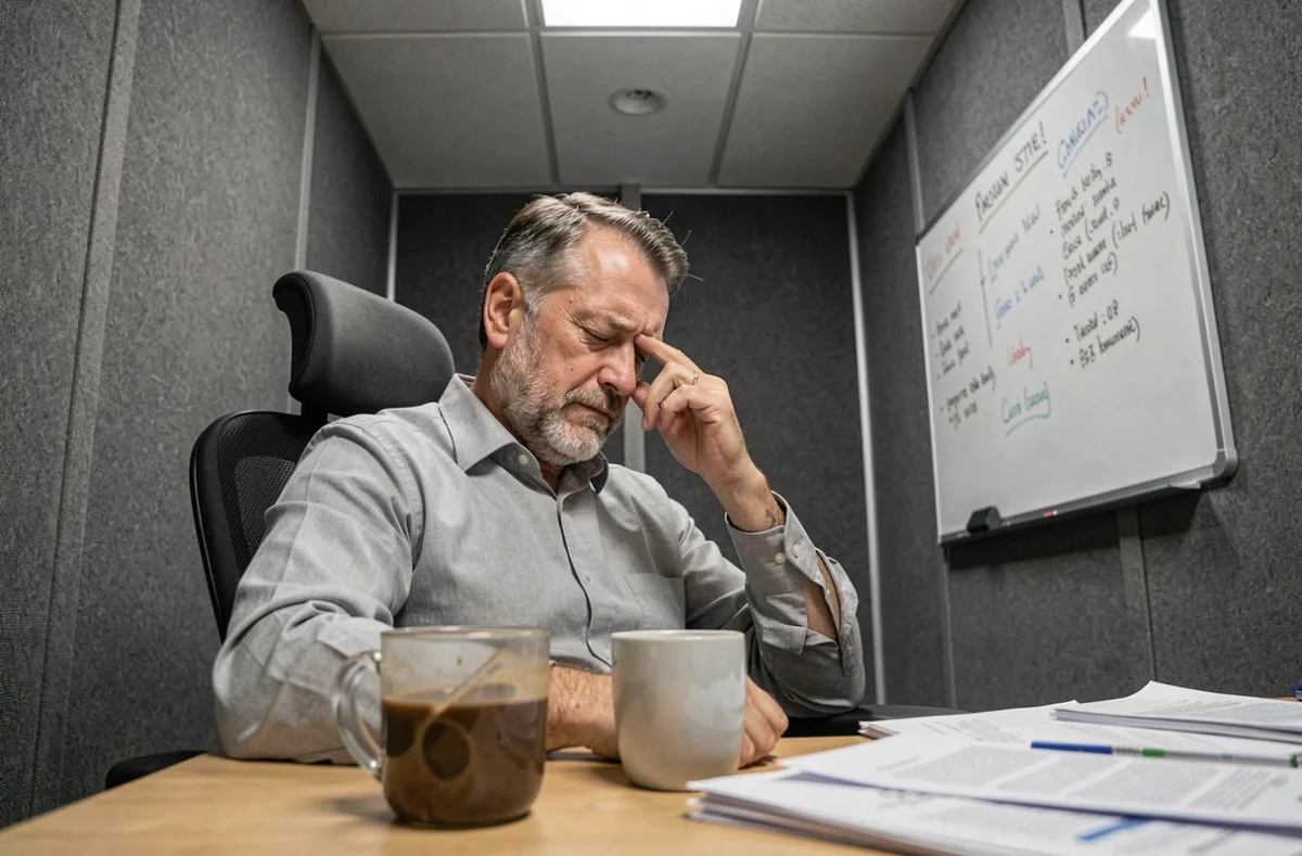 Homme stressé dans une salle de réunion sans fenêtre se pinçant le nez par fatigue, symbolisant les effets négatifs de l'absence de lumière naturelle en entreprise