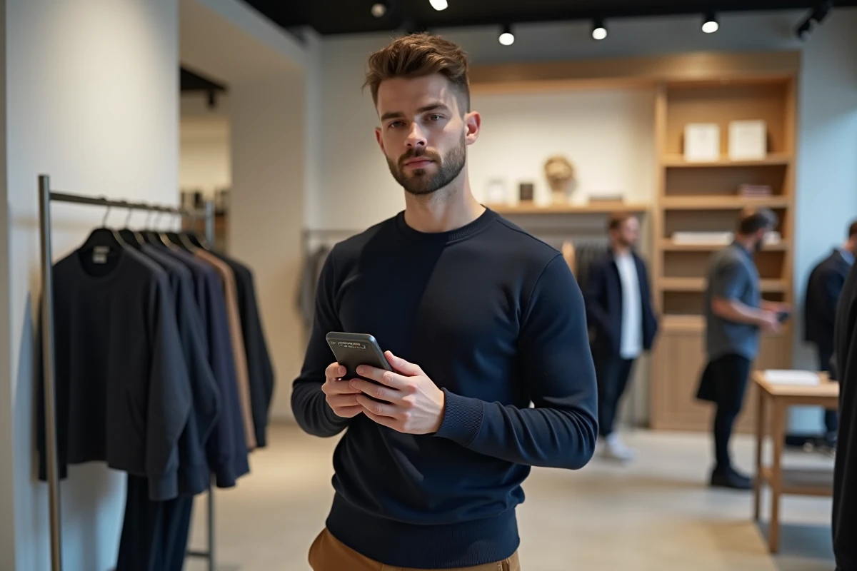 Homme vérifiant la fiabilité d'un site de mode en ligne via son smartphone en boutique