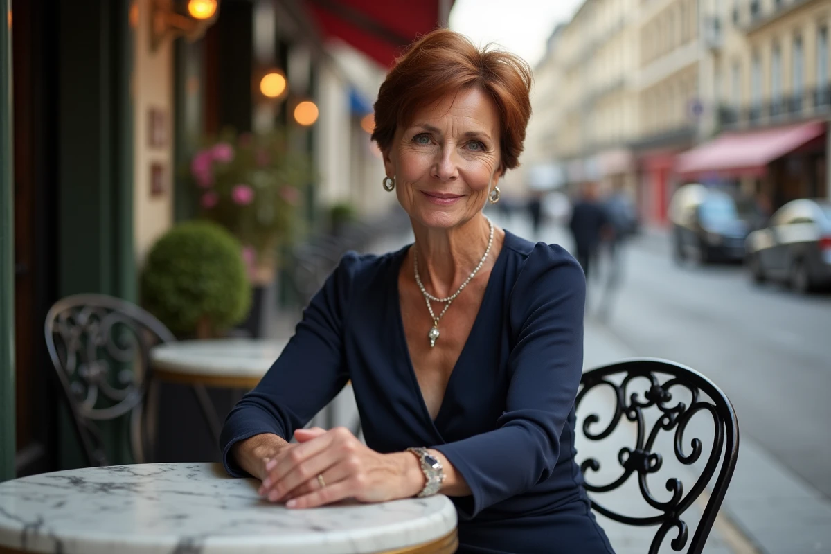 Actrice française iconique en robe marine assise en terrasse de café parisien, allure élancée et naturelle