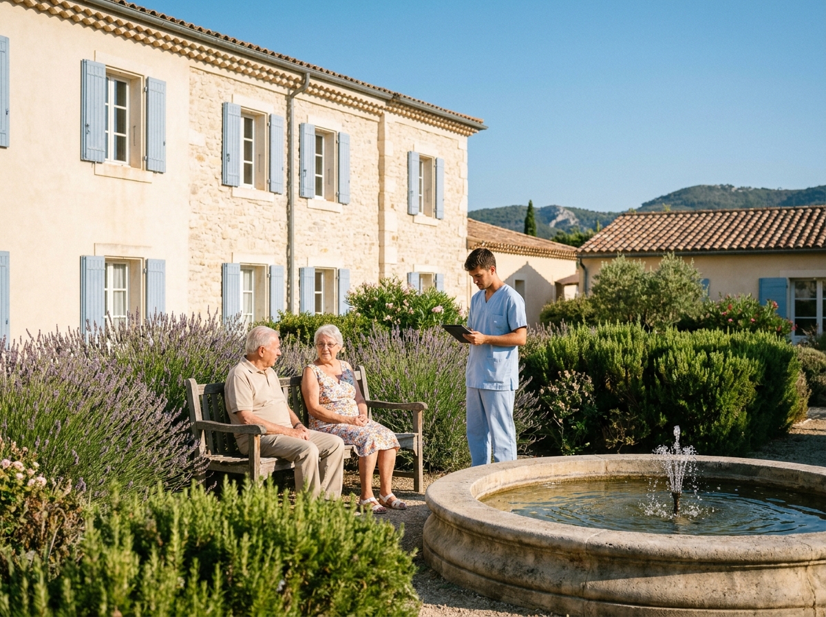Deux résidents se reposent dans le jardin provençal d'un EHPAD à Toulon sous la surveillance bienveillante d'un soignant