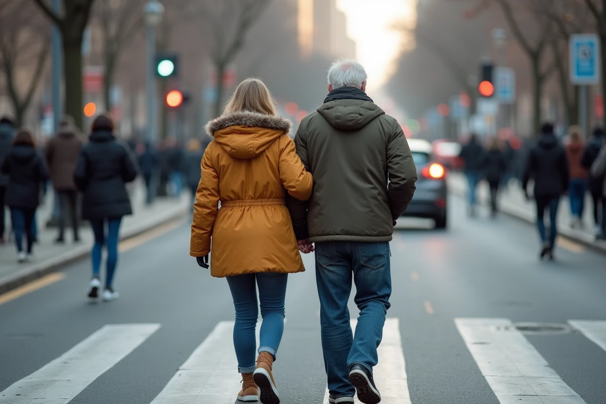 Jeune femme aidant un homme âgé à traverser la rue urbaine