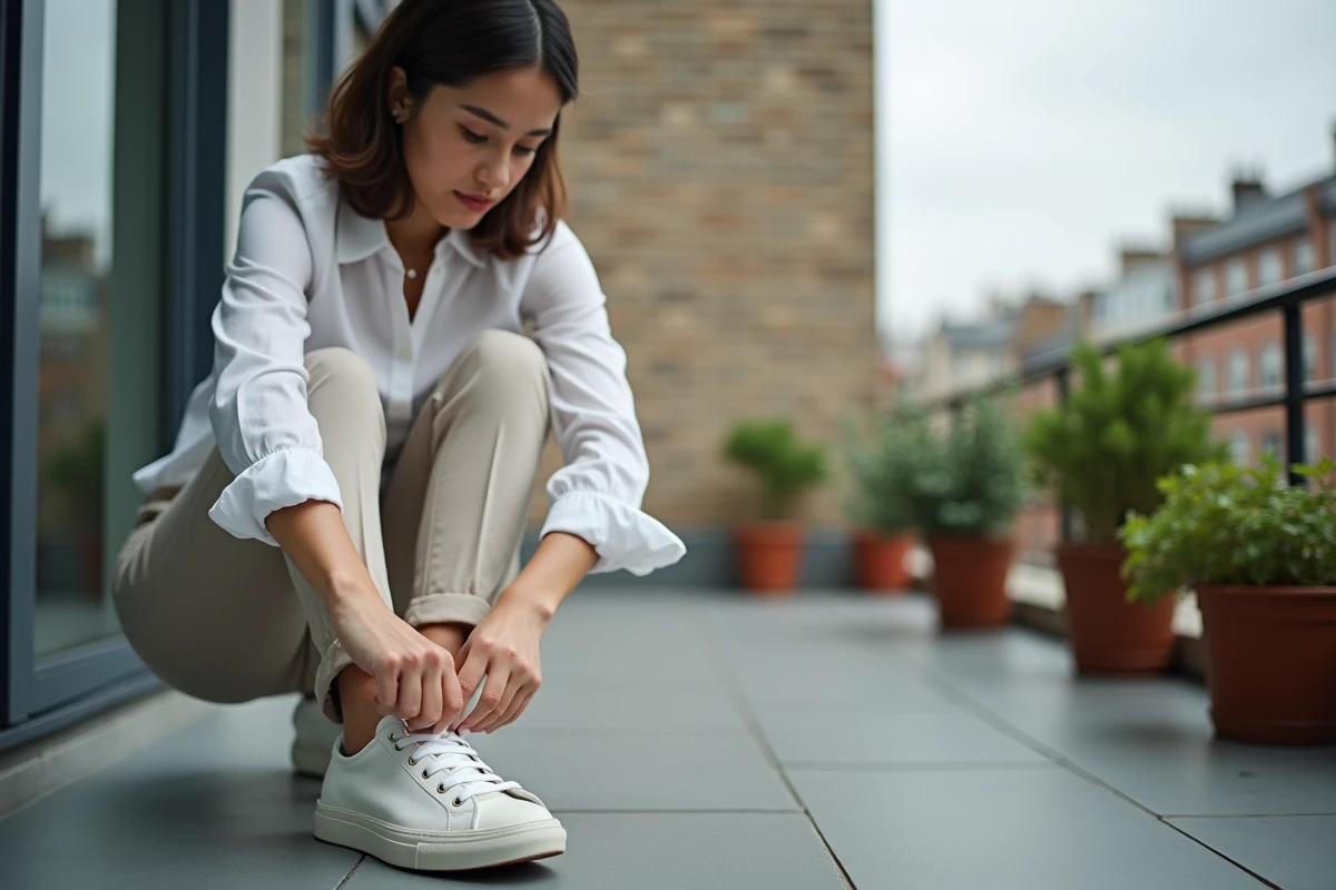 Jeune femme nouant ses baskets blanches sur un balcon urbain