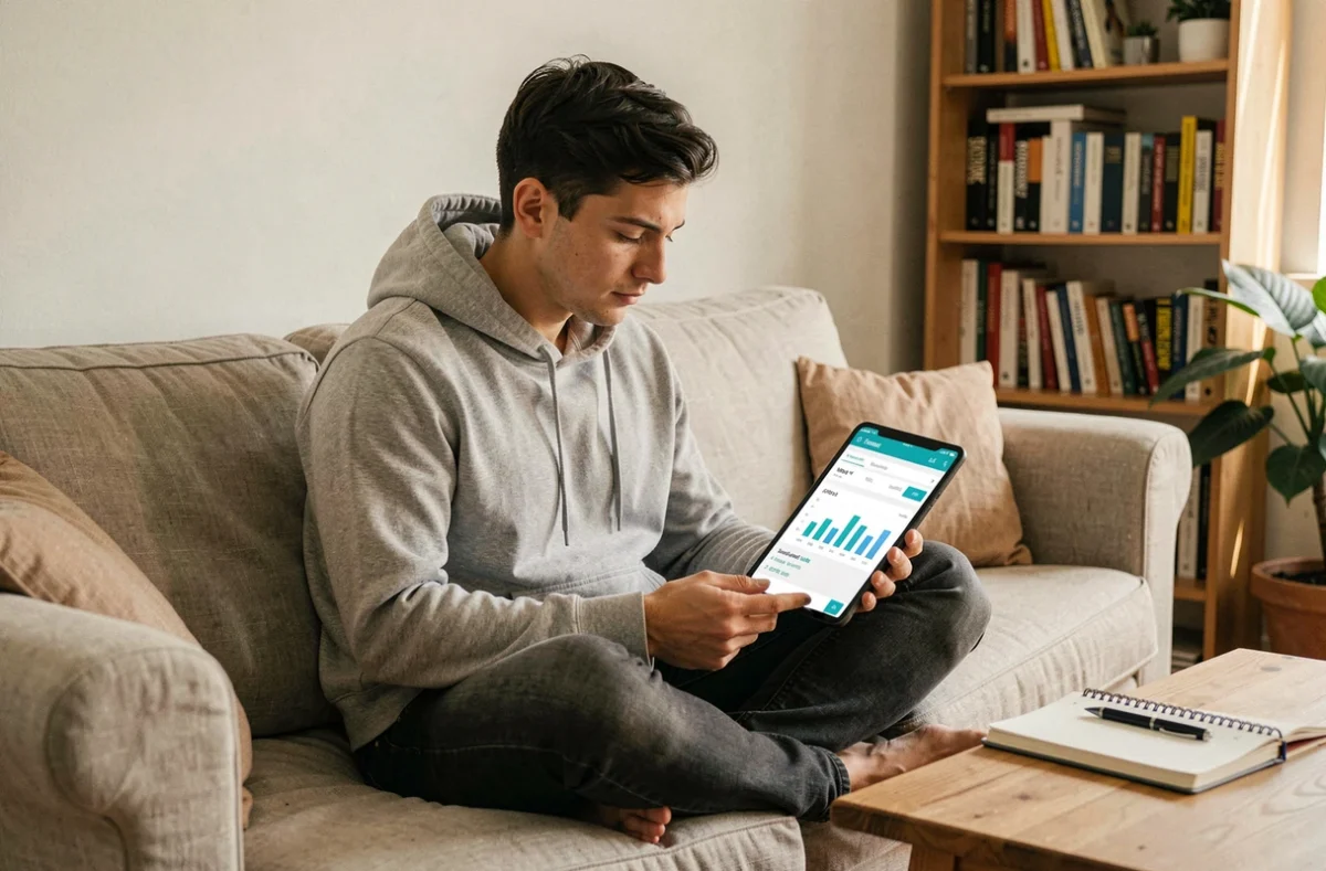Jeune homme consultant une application de finance personnelle sur une tablette depuis son salon