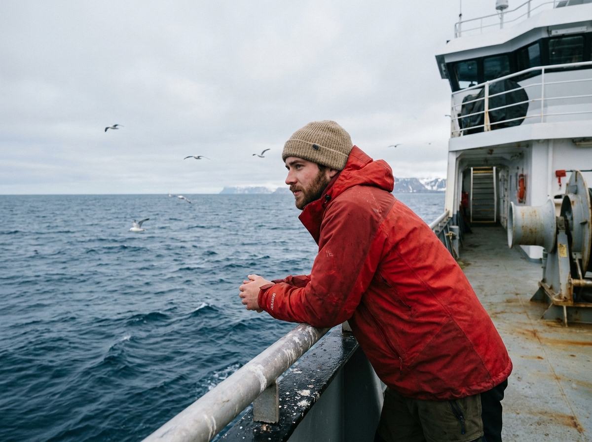 Jeune homme en veste rouge observant la mer depuis un bateau