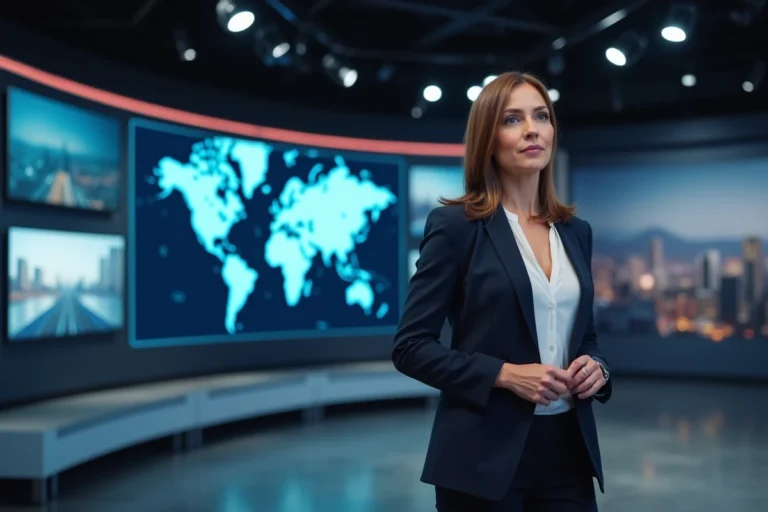 Journaliste devant un mur d'écrans d'actualités internationales dans un studio de presse moderne