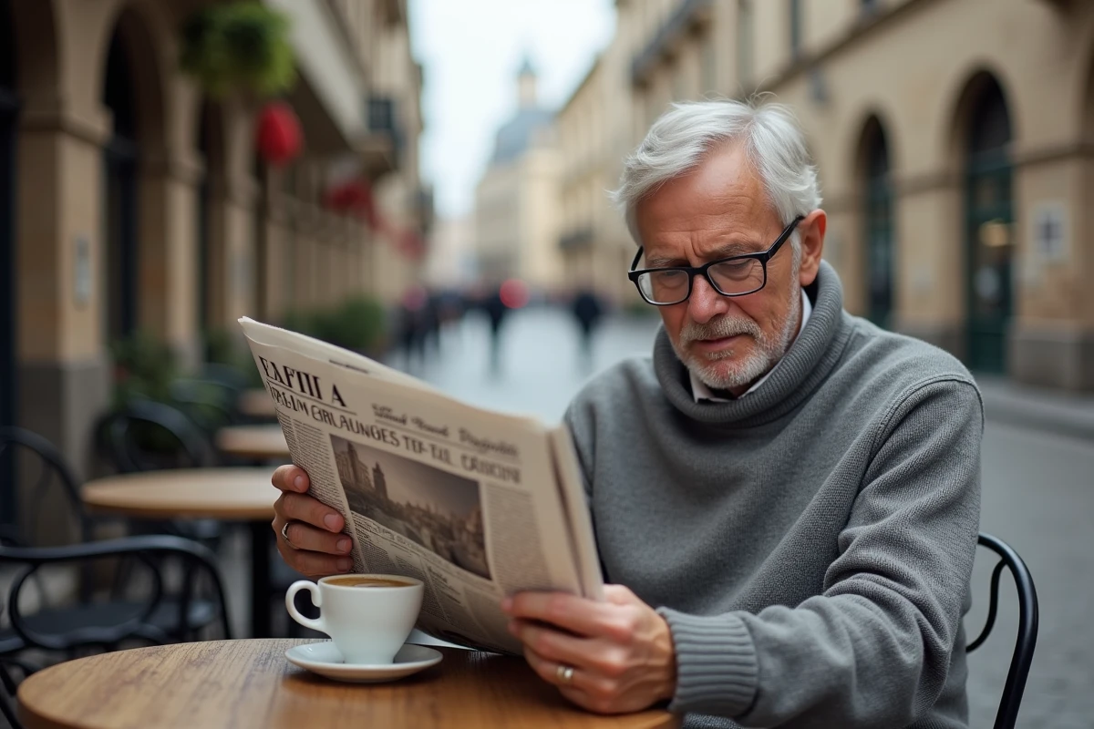Homme lisant un journal international en terrasse de café dans une ville européenne