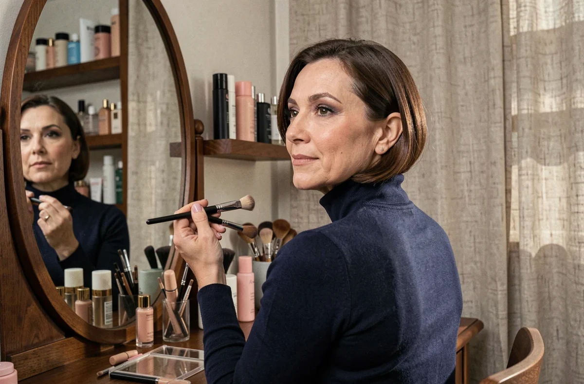 Femme mature se maquillant devant un miroir ovale dans une chambre décorée avec soin, tendances beauté