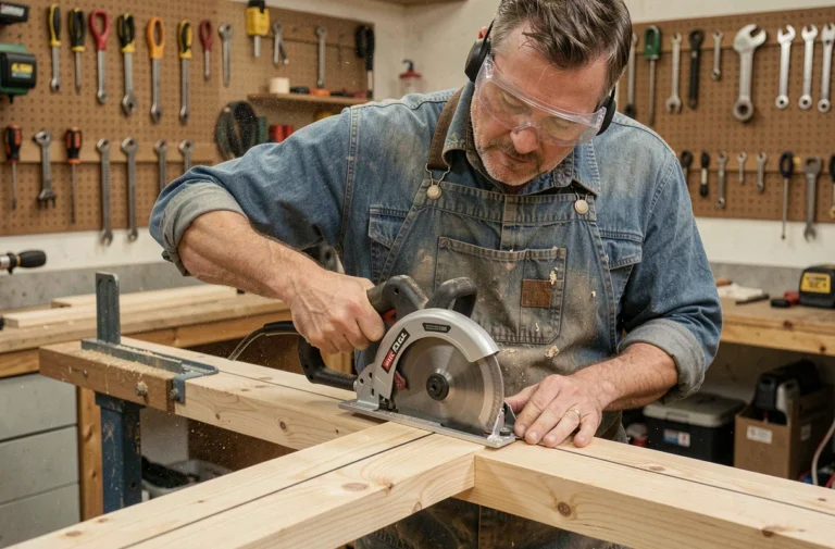 Menuisier expérimenté utilisant une scie circulaire avec un guide droit sur une planche en pin dans un atelier organisé