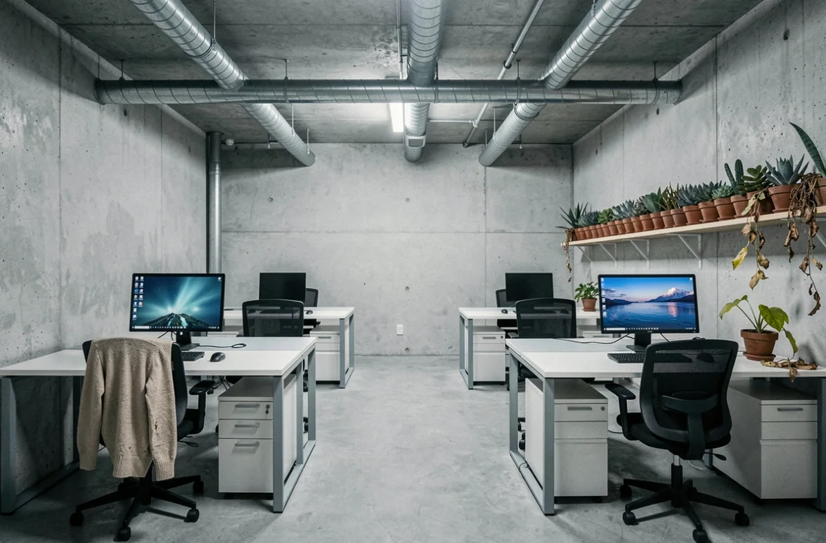 Espace de bureau collectif sans fenêtre avec plantes mourantes et postes de travail vides, représentant l'environnement de travail appauvri en lumière naturelle et ses effets sur le bien-être