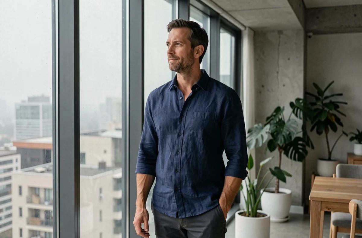 Portrait de l'homme mystérieux compagnon de Caroline Munoz dans un appartement moderne, ambiance vie privée