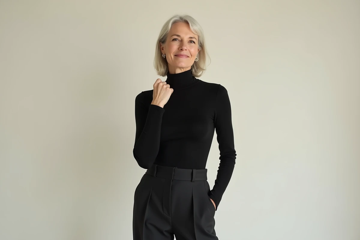 Portrait en pied d'une actrice française célèbre en tenue noire classique sur fond studio épuré, silhouette élancée