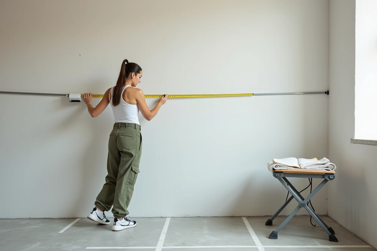 Femme prenant les mesures d'une pièce vide et préparant la zone de pose d'une cloison amovible avec des repères au sol