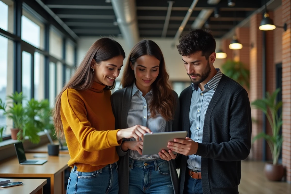 Groupe de professionnels consultant les actualités internationales sur une tablette dans un bureau moderne
