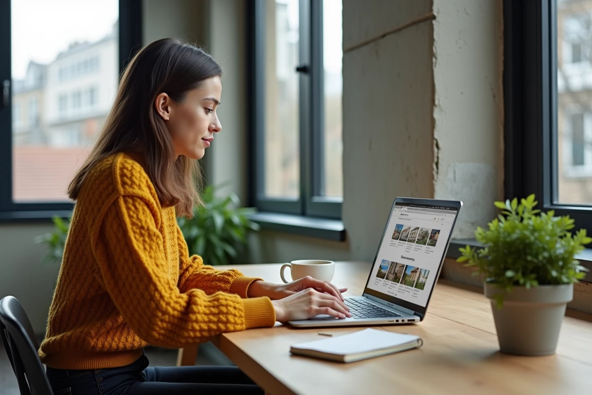 Jeune femme recherchant des annonces immobilières en ligne sur son ordinateur portable dans un appartement moderne