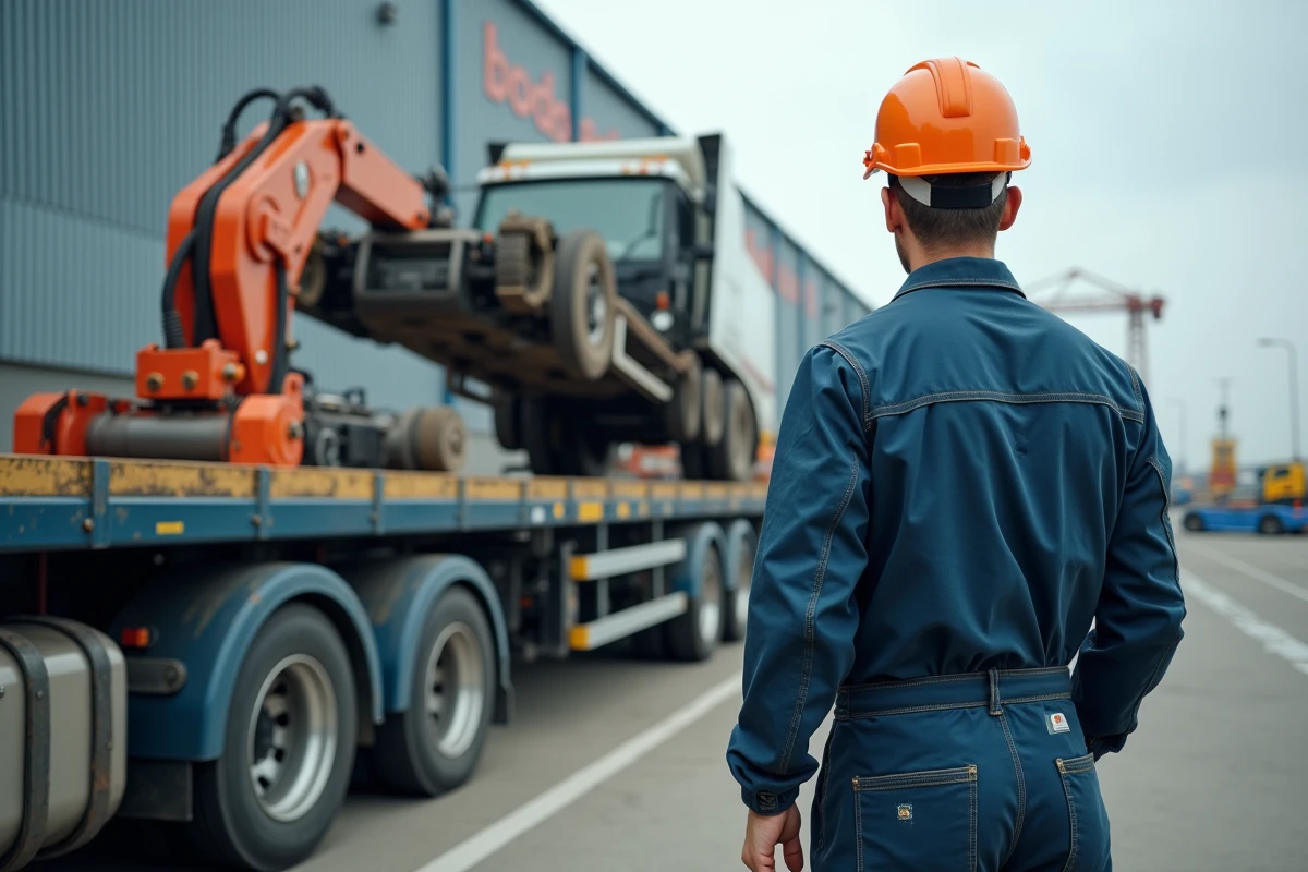Système hydraulique de relevage d'un camion retourné dans une zone industrielle française, opéré par un technicien spécialisé en récupération de poids lourds