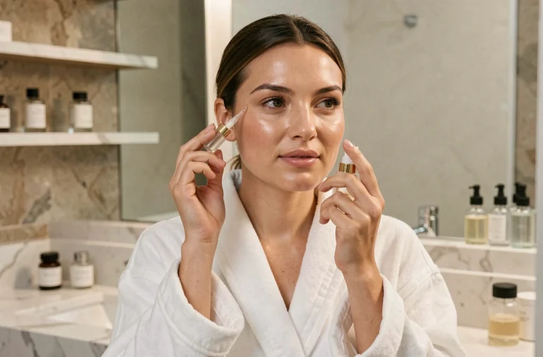 Femme appliquant un sérum sur sa peau dans une salle de bain minimaliste en marbre, routine beauté quotidienne