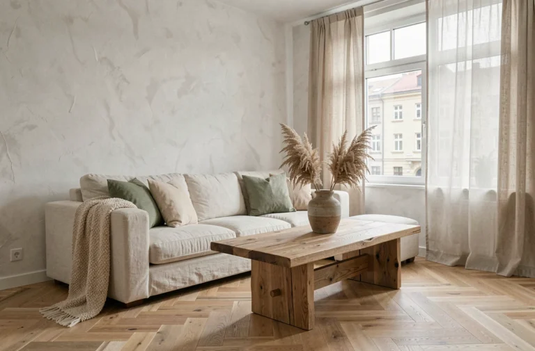 Salon scandinave au style épuré avec canapé en lin ivoire, table basse en chêne et décoration végétale naturelle pour une décoration immobilière tendance