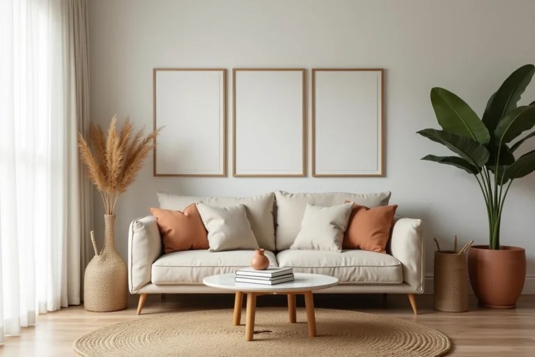 Salon scandinave tendance avec canapé en lin, table basse en travertin et plante verte dans un appartement moderne