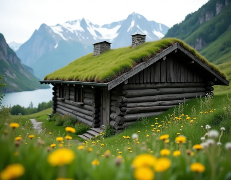 Ferme norvégienne traditionnelle avec toit en herbe recouvert de fleurs sauvages dans une vallée de fjord entourée de montagnes enneigées