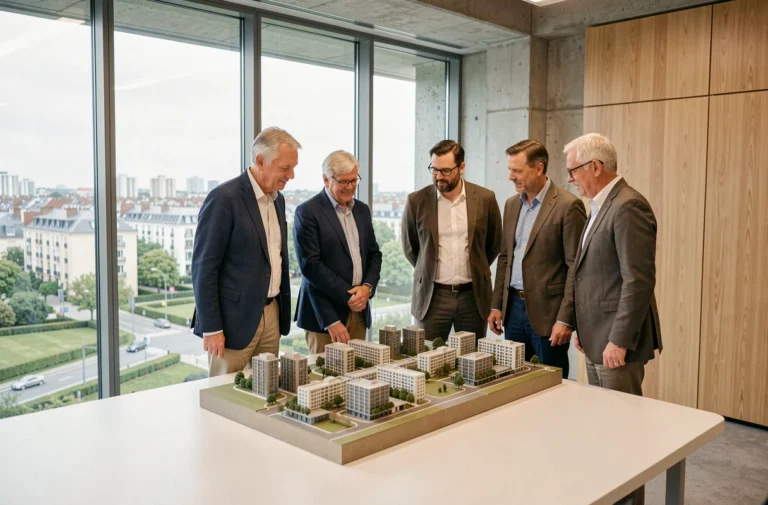 Élus et urbanistes du Grand Paris Seine Ouest étudiant une maquette de projet urbain dans une salle de réunion moderne avec vue sur la ville