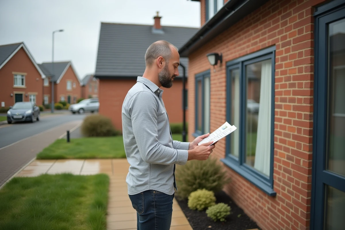Homme visitant une maison à vendre dans un quartier résidentiel avec une brochure immobilière en main